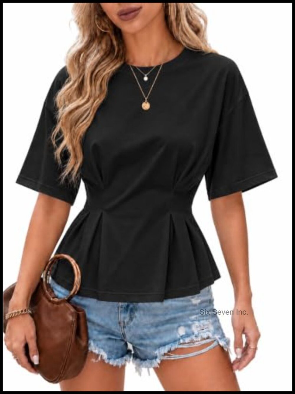 Peplum Top Short Sleeve Crew Neck Cinched Waist T-Shirt